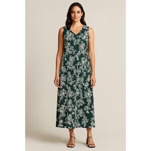 J Jill Wearever Collection Floral Sleeveless Dress Sz M Green White Rayon Blend